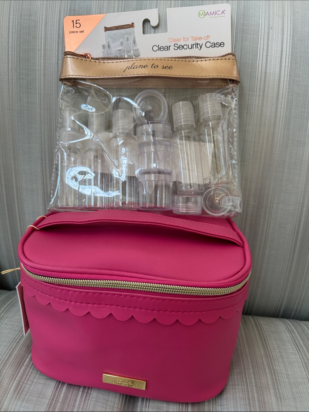 Trina Turk Hot Pink Cosmetic Case with Scalloped Edge and Travel Bottle set